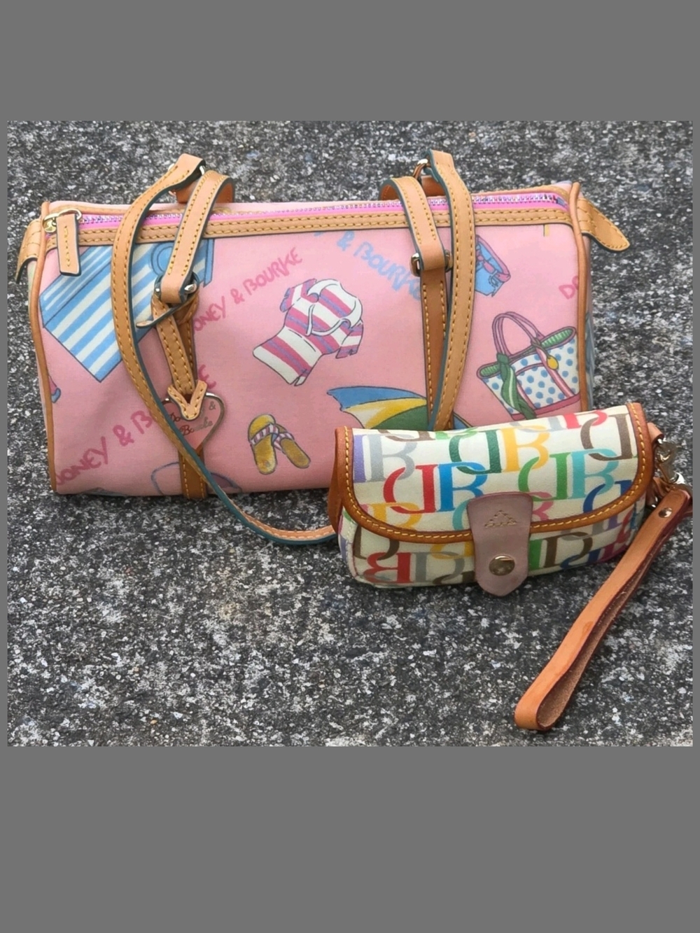 Vintage Dooney & Bourke Pink Beach Print Barrel Satchel Bag + Monogram Pouch Y2K